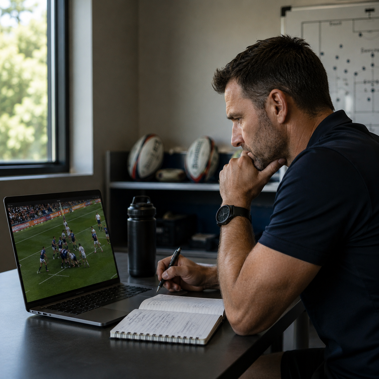 Coach reviewing rugby footage and taking notes